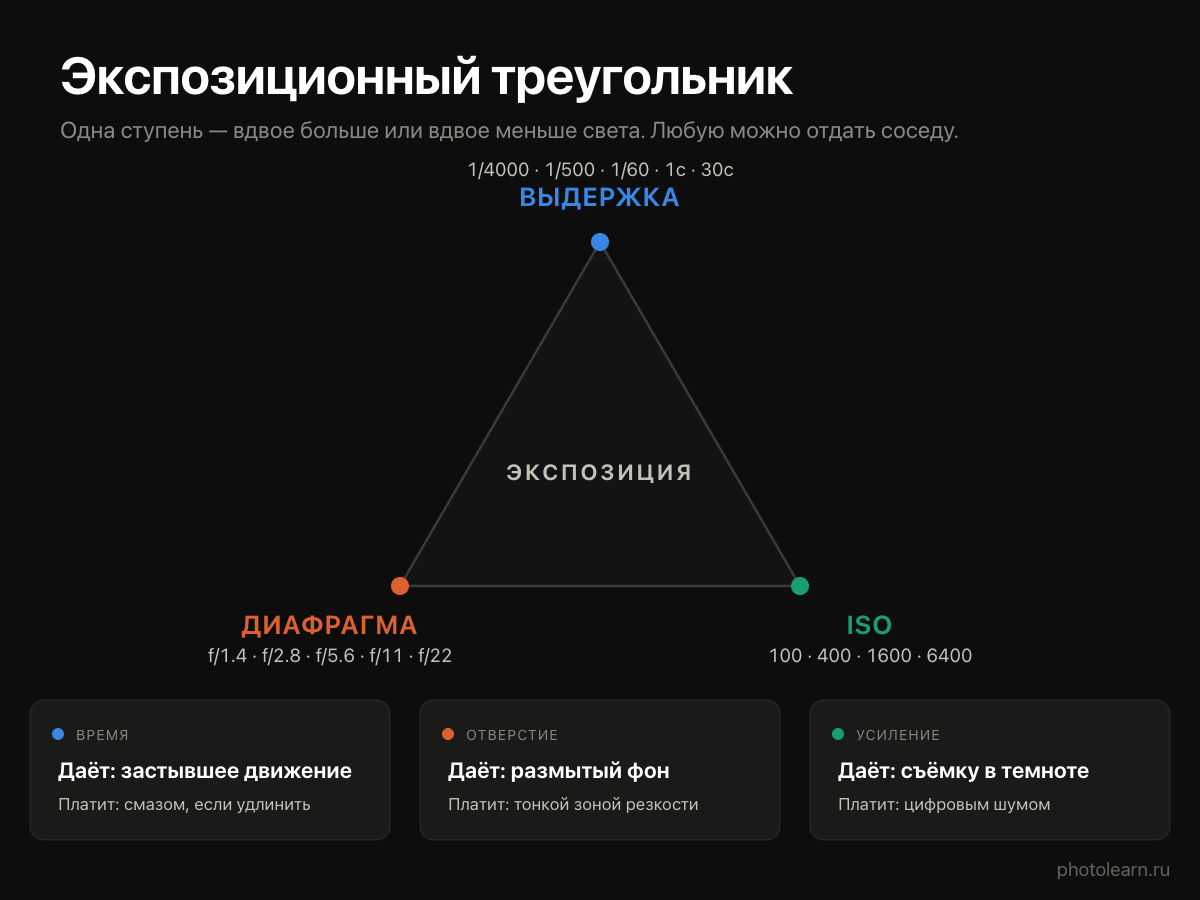 Экспозиционный треугольник: выдержка, диафрагма и ISO — что каждый параметр даёт и чем за это платит